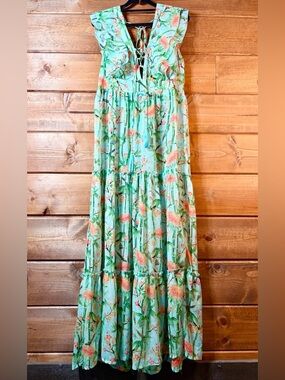 America & Beyond Tropical Floral Maxi Dress Large Boho Tiered Ruffle NWOT 🌺